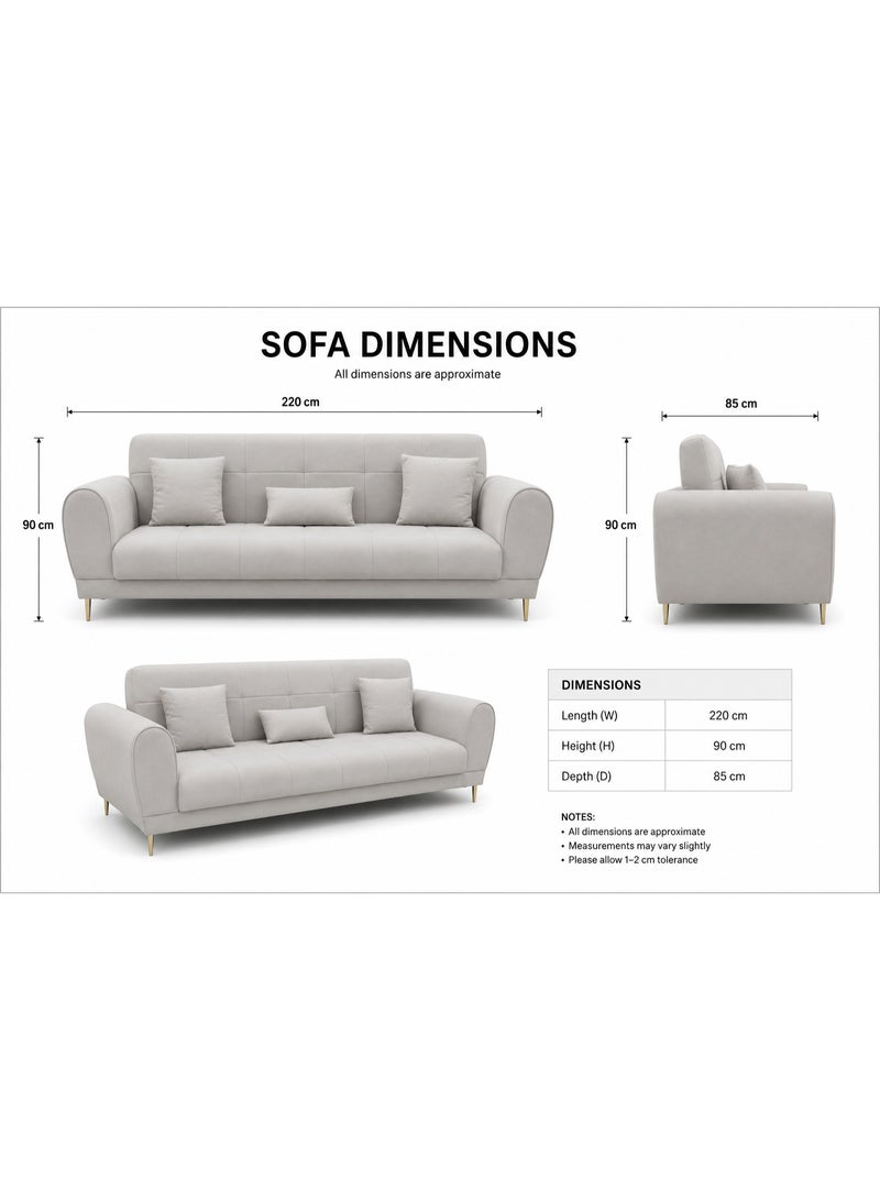 Abdulla Furniture 3-Seater Sofa Couch for Living Room | Modern Tufted Fabric with Gold Legs | 3 Accent Pillows Included | Light Grey color - Image 4
