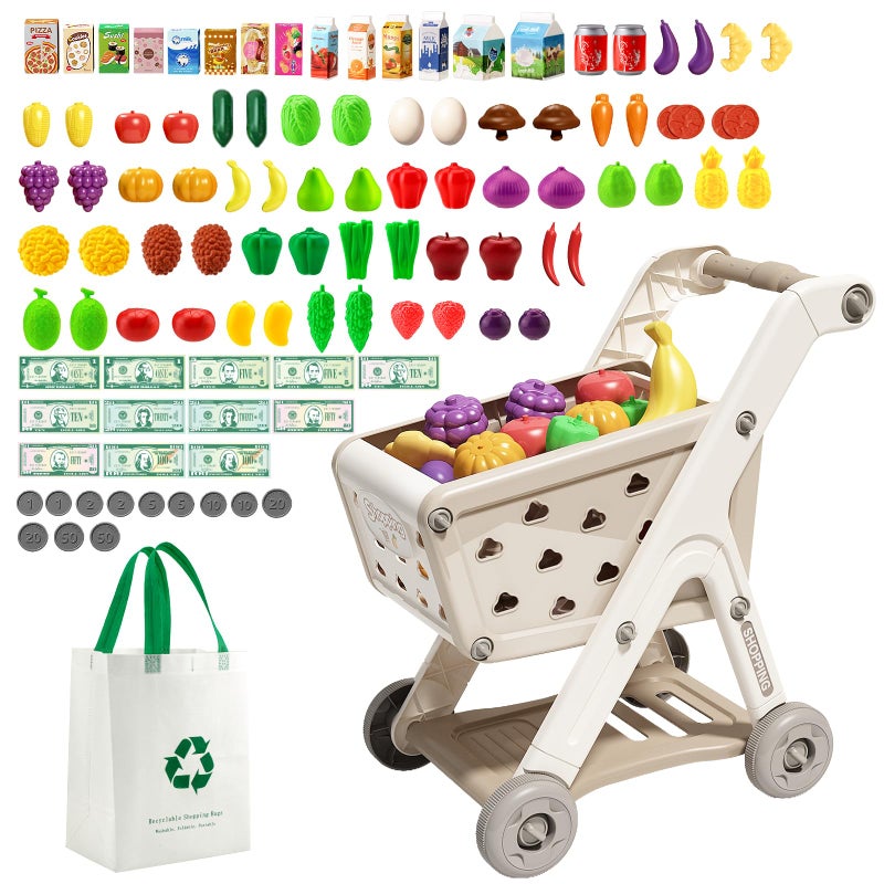 Jovow 102pcs Kids Shopping Cart Trolley Play Set with Pretend Food and AccessoriesPerfect for Ages 3 Pretend Play and RolePlaying GamesKhaki - Image 3