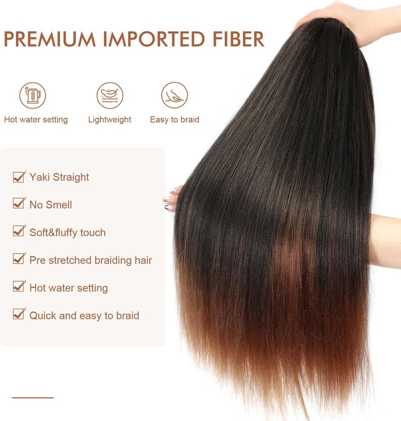 Difunee Pre-stretched Braiding Hair - 24 Inch 8 Packs Ombre Brown Long Braiding Hair For Twist or Box Braids, Yaki Texture Hot Water Setting Synthetic Braiding Hair Extensions (24 Inch, T30-8P) - Image 3