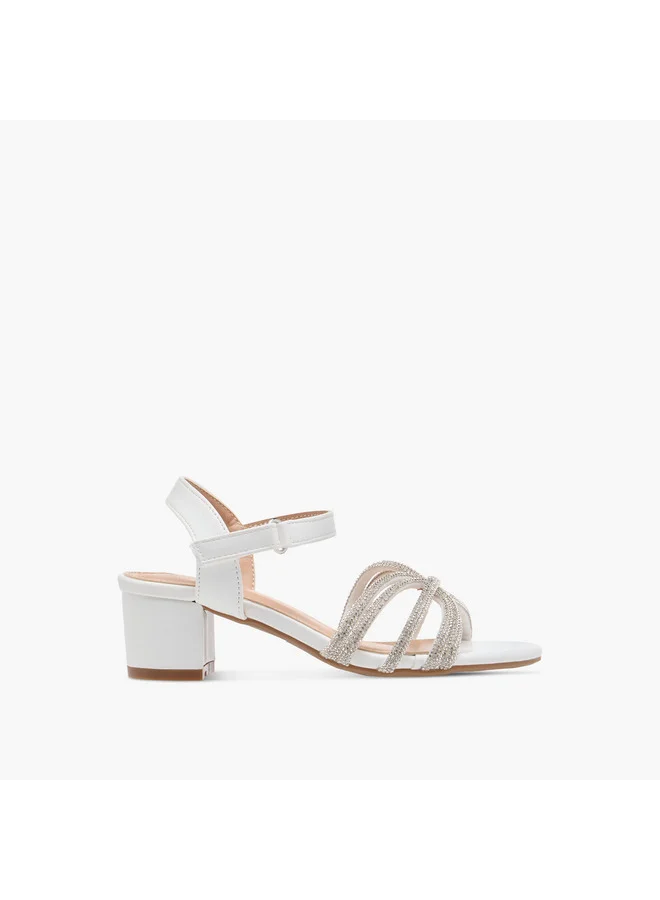 Flora Bella By Shoexpress Girls Embellished Block Heel Sandals with Hook and Loop Closure