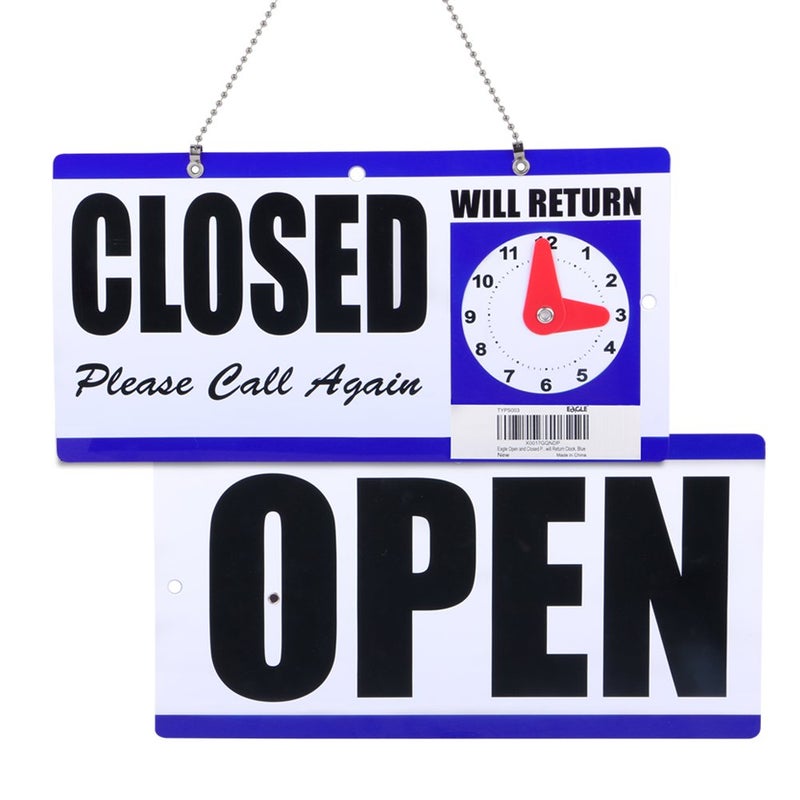 Eagle Open and Closed Sign, Plastic, with Hanging Chain, Dual Sides with â€œWill Returnâ€ Clock, 6X11.5-Inches - Image 1