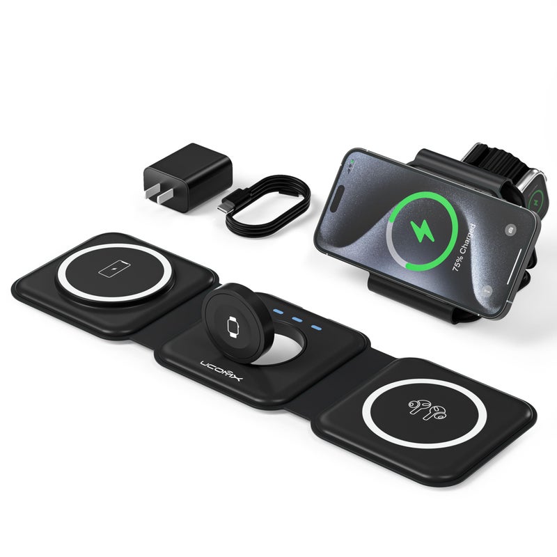 UCOMX 3 in 1 Charging Station for Multple Devices,Foldable 3 in 1 Wireless Charger for Travel,Nano Wireless Charging Station for iPhone16 15 14 13 12 Pro Max/Watch 10 9 8 7 6 5 4 3 Ultra/AirPod Pro - Image 1
