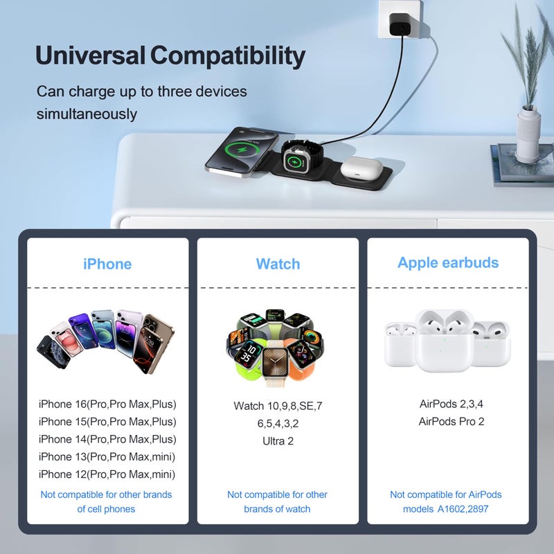 UCOMX 3 in 1 Charging Station for Multple Devices,Foldable 3 in 1 Wireless Charger for Travel,Nano Wireless Charging Station for iPhone16 15 14 13 12 Pro Max/Watch 10 9 8 7 6 5 4 3 Ultra/AirPod Pro - Image 4
