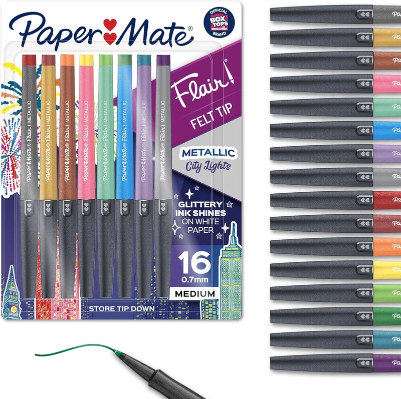 Papermate Flair Metallic Felt Tip Pens, City Lights Collection, Glittery Assorted Colors, Premium Ink, 16 Count - Perfect for Writing, Doodling, Bullet Journaling, Glitter, Sparkle, Writing Fun - Image 1
