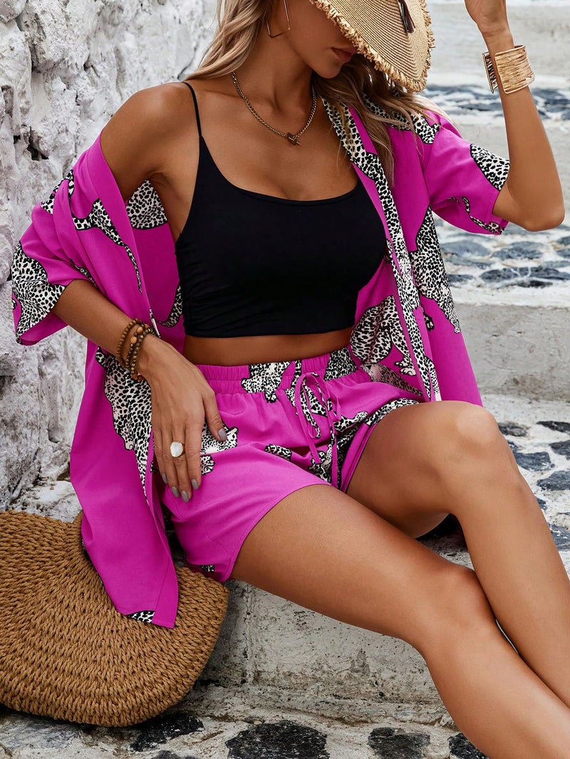 WDIRARA Women's Leopard Print 2 Piece Outfits Short Sleeve Shirt Shorts Set Hot Pink Large - Image 4