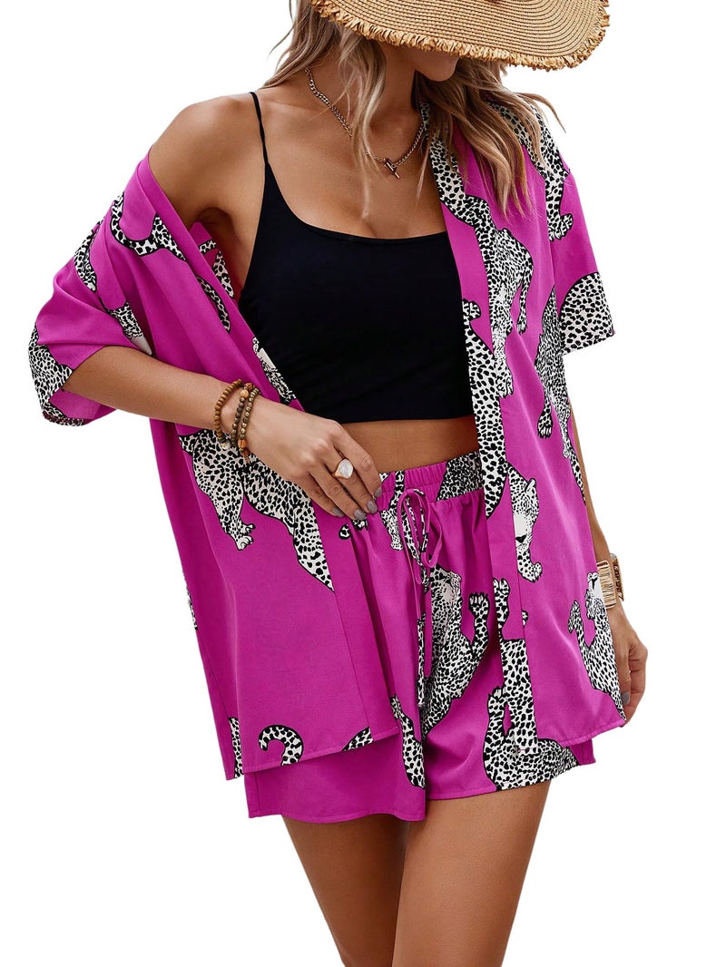 WDIRARA Women's Leopard Print 2 Piece Outfits Short Sleeve Shirt Shorts Set Hot Pink Large - Image 1