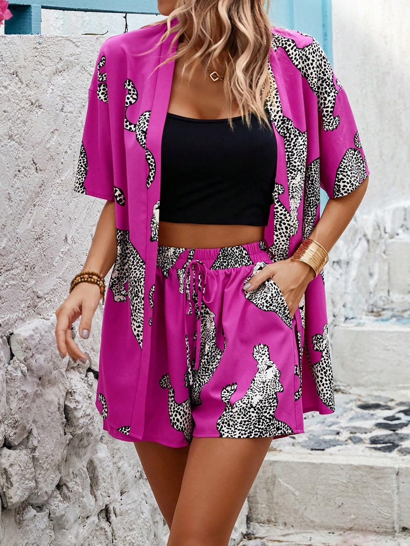 WDIRARA Women's Leopard Print 2 Piece Outfits Short Sleeve Shirt Shorts Set Hot Pink Large - Image 3