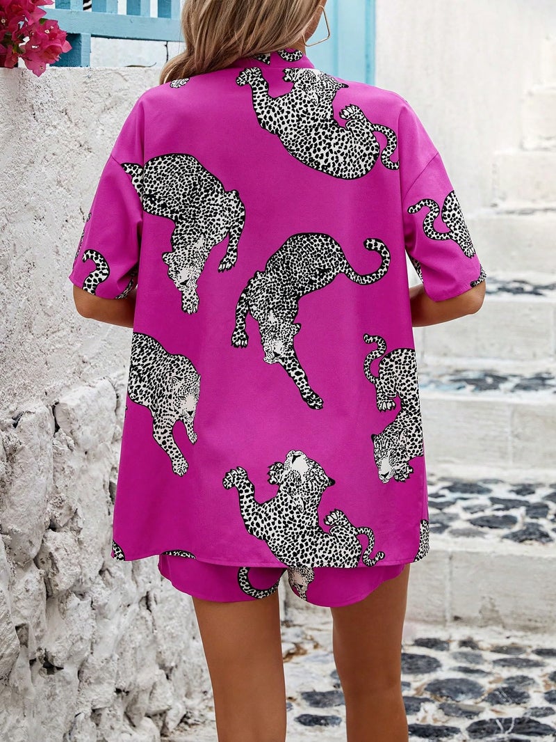 WDIRARA Women's Leopard Print 2 Piece Outfits Short Sleeve Shirt Shorts Set Hot Pink Large - Image 2
