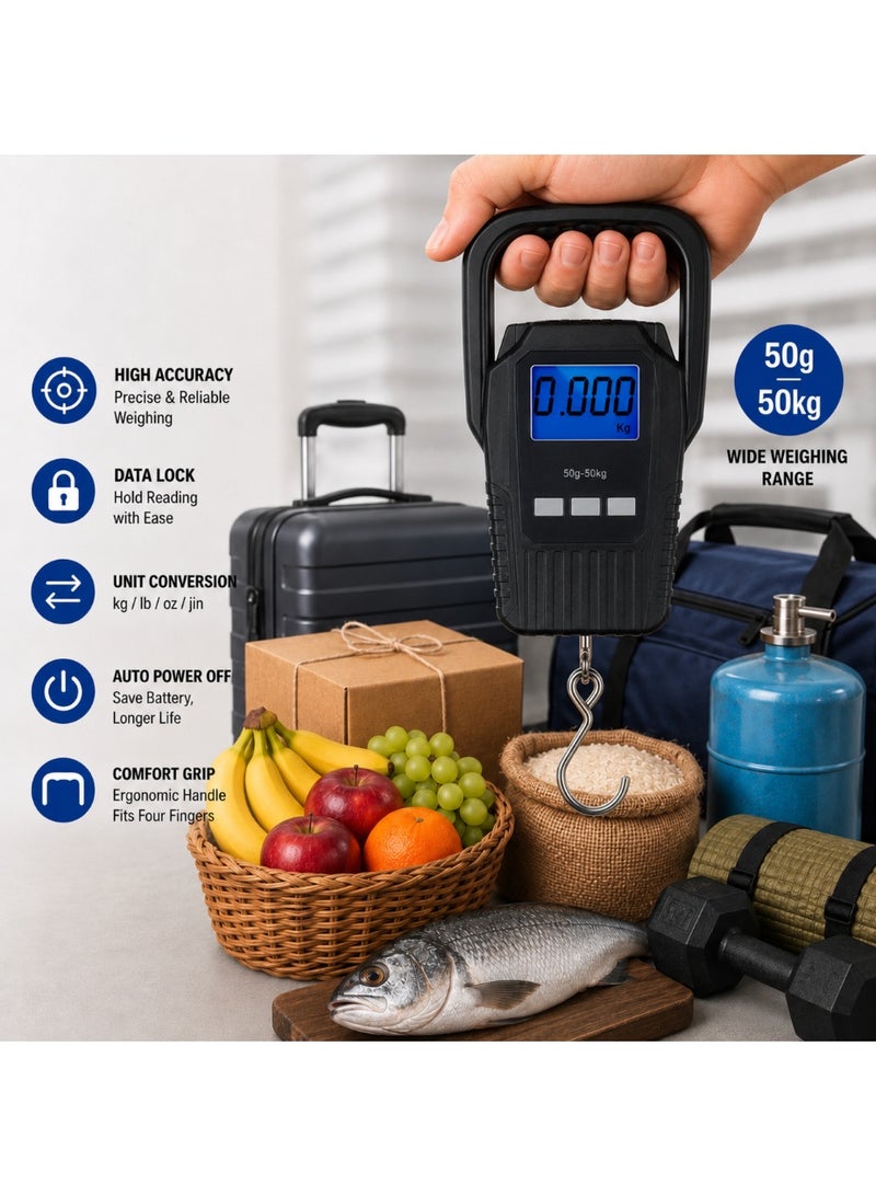 50kg Digital Hanging Scale with LCD Display, Tare Function & Stainless Steel Hook for Luggage, Fishing and Travel - Black - Image 4