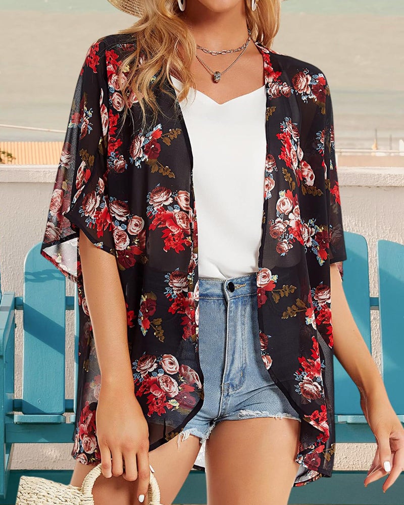 CHICGAL Women's Floral Print Puff Sleeve Kimono Cardigan Loose Cover Up Casual Blouse Tops(Black 3XL) - Image 3