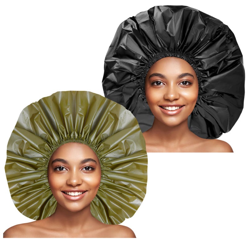 CHFONG Jumbo Size Shower Cap 2 PCS Waterproof Shower Caps for Women, Extra Large Shower Cap, Reusable Super Large Bath Caps Hair Cap for Long Thick Curly Hair, Locs, Twist Braids - Black+Green - Image 1