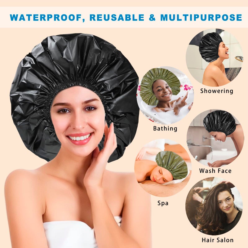CHFONG Jumbo Size Shower Cap 2 PCS Waterproof Shower Caps for Women, Extra Large Shower Cap, Reusable Super Large Bath Caps Hair Cap for Long Thick Curly Hair, Locs, Twist Braids - Black+Green - Image 4