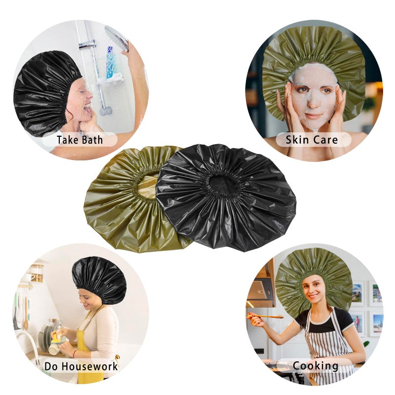 CHFONG Jumbo Size Shower Cap 2 PCS Waterproof Shower Caps for Women, Extra Large Shower Cap, Reusable Super Large Bath Caps Hair Cap for Long Thick Curly Hair, Locs, Twist Braids - Black+Green - Image 5