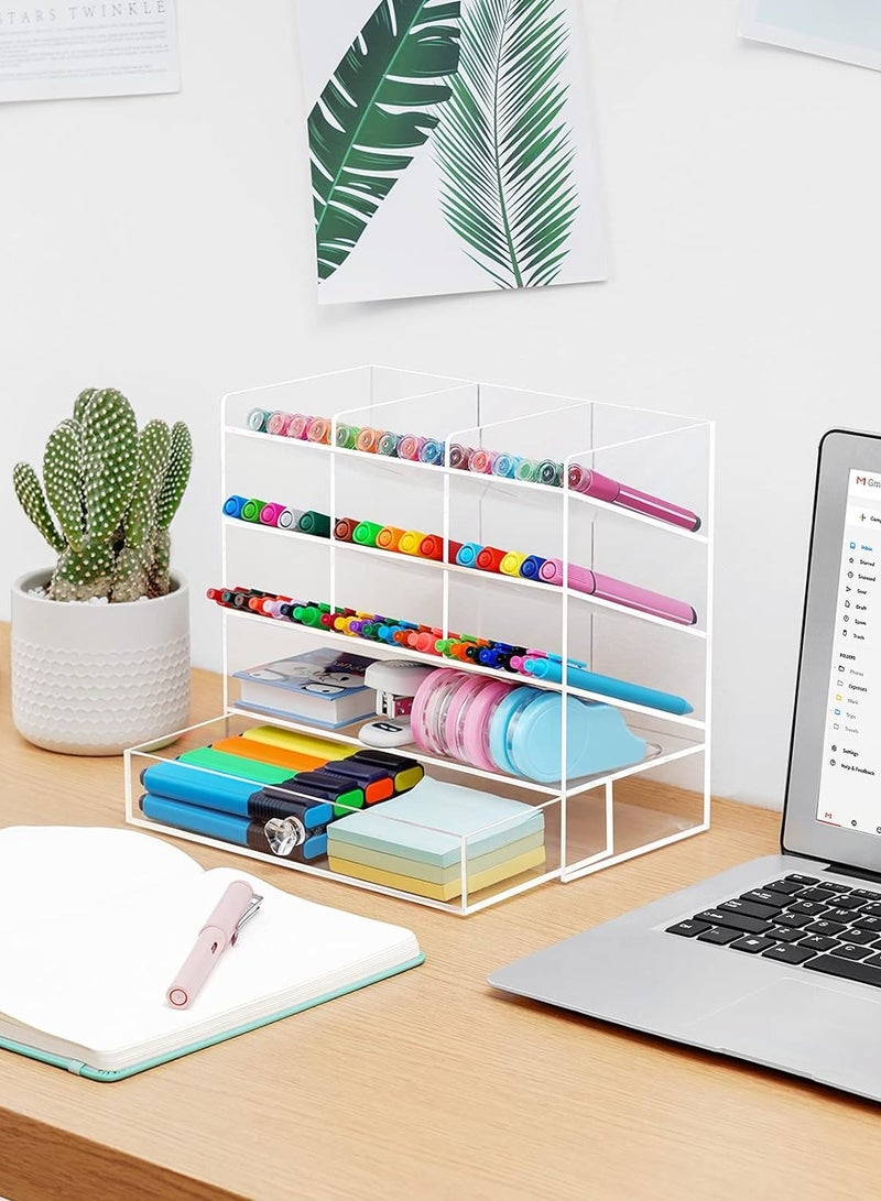 TPGP Clear Pen Organizer Storage, Acrylic Desk Organizer with 12 Compartments, Pen Organizer for Desk, Desktop Art Organizer for Office School Art Supplies (Acrylic Pen Holder with Drawer) - Image 1