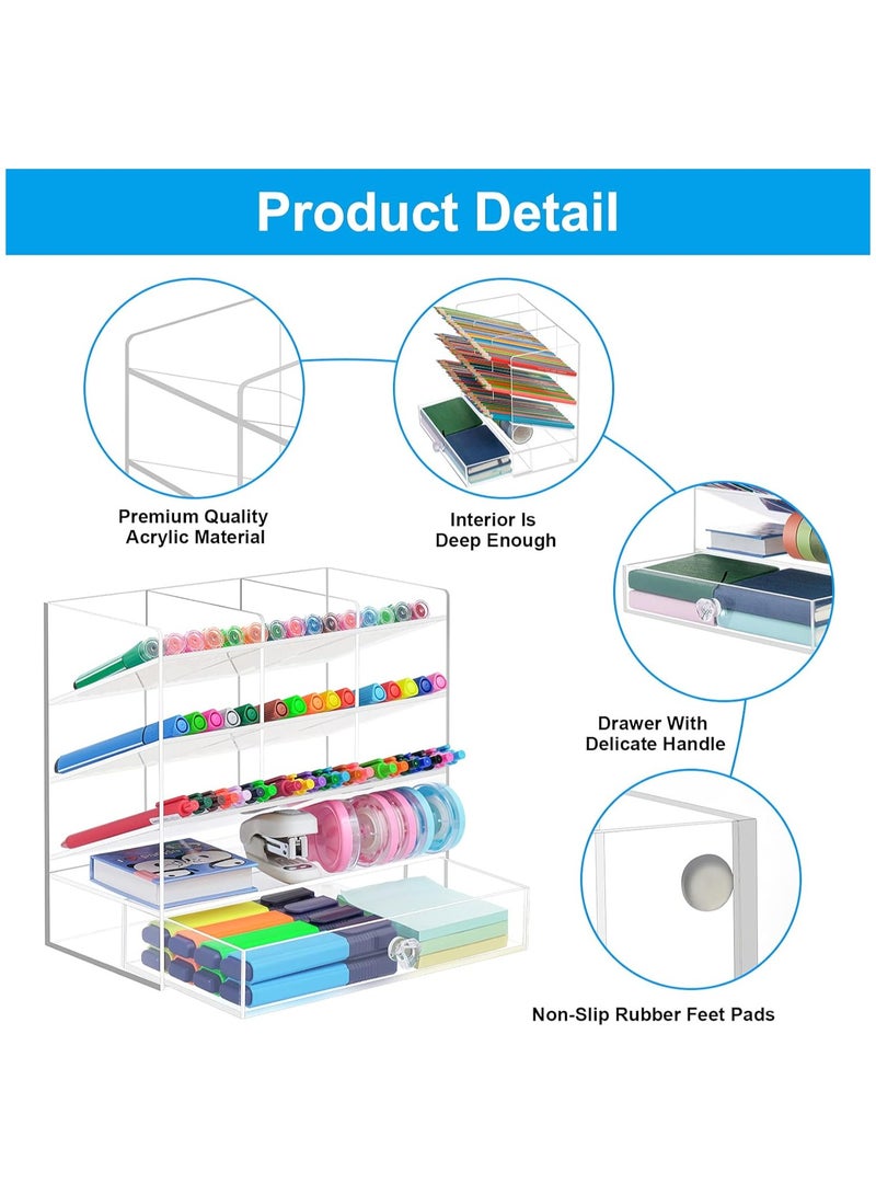 TPGP Clear Pen Organizer Storage, Acrylic Desk Organizer with 12 Compartments, Pen Organizer for Desk, Desktop Art Organizer for Office School Art Supplies (Acrylic Pen Holder with Drawer) - Image 2