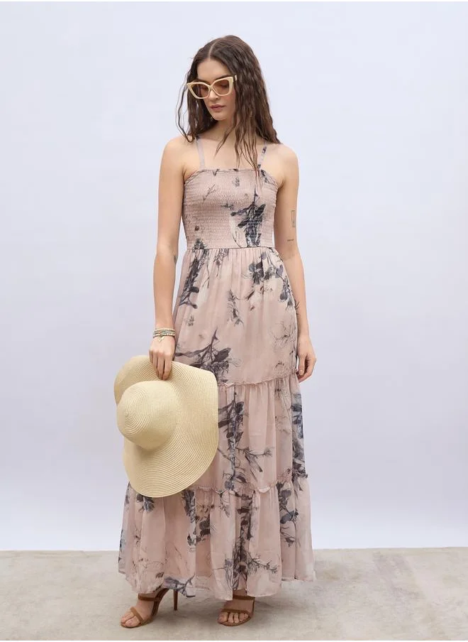 Styli Styli Floral Printed Strappy Tiered Maxi Dress with Smocked Bodice