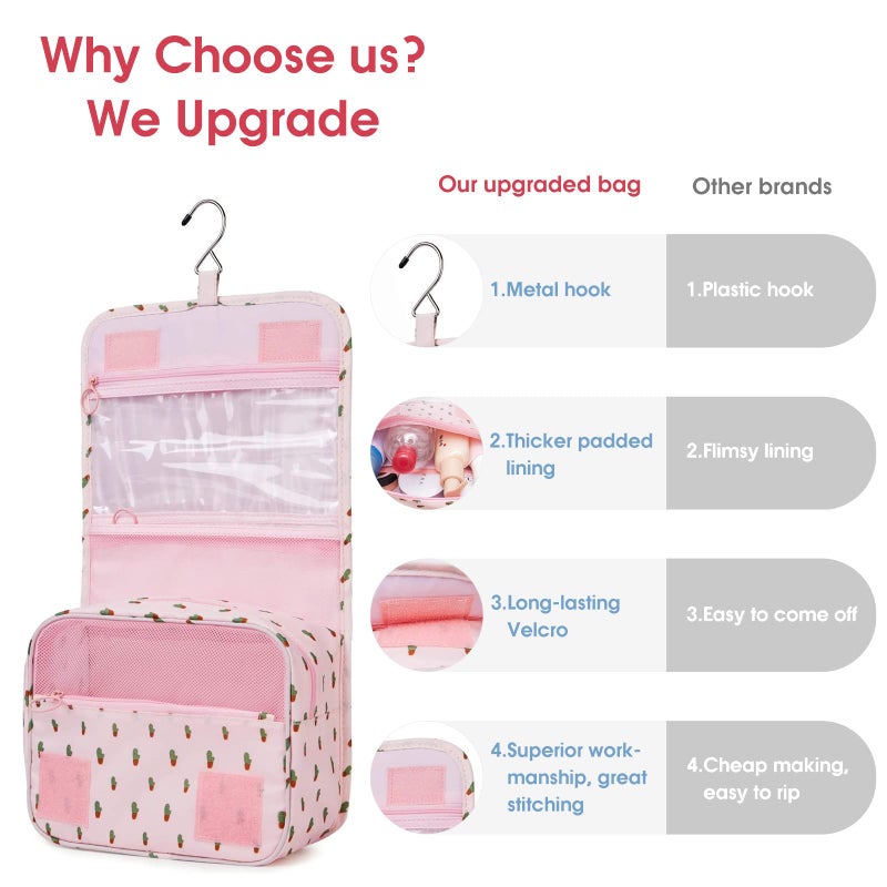 Narwey Hanging Toiletry Bag for Women Travel Makeup Bag Organizer Toiletries Bag for Travel Size Cosmetics Essentials Accessories (Cactus) - Image 5