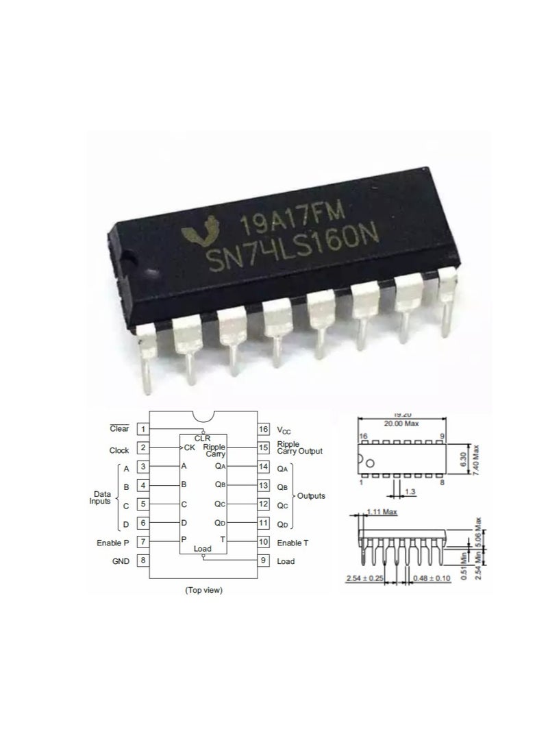 Generic SN74LS160N 4-Bit Synchronous Decade Counter IC, 16-Pin DIP Package 