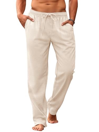 Makkrom Mens Casual Pants Drawstring Elastic Waist Lightweight Linen Pants Loose Fit Summer Beach Yoga Trousers Beige - Image 1