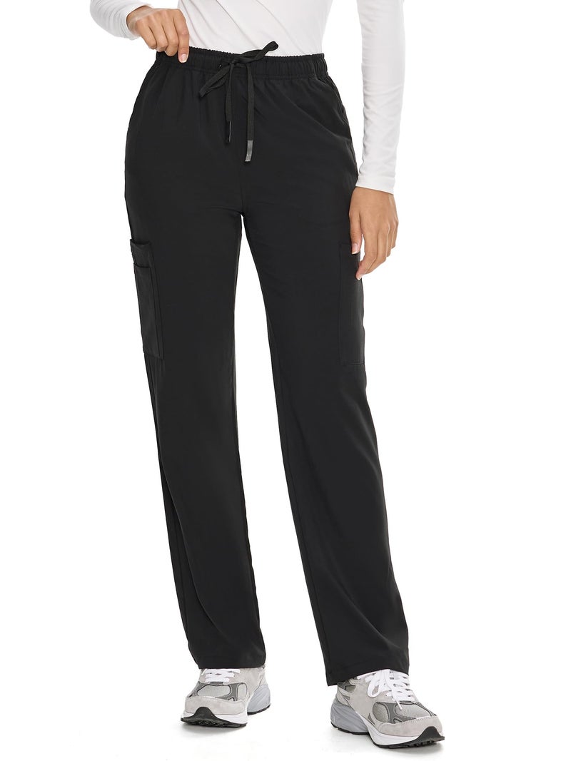 COZYFIT Straight Leg Scrub Pants for Women, Drawstring Soft Stretch, Anti-Wrinkle Women's Scrub Pants with 6 Pockets,Black,XS - Image 2