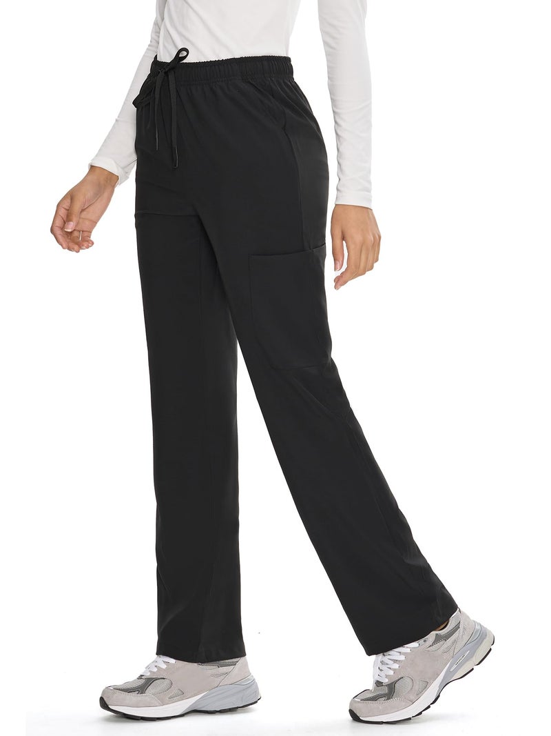COZYFIT Straight Leg Scrub Pants for Women, Drawstring Soft Stretch, Anti-Wrinkle Women's Scrub Pants with 6 Pockets,Black,XS - Image 3