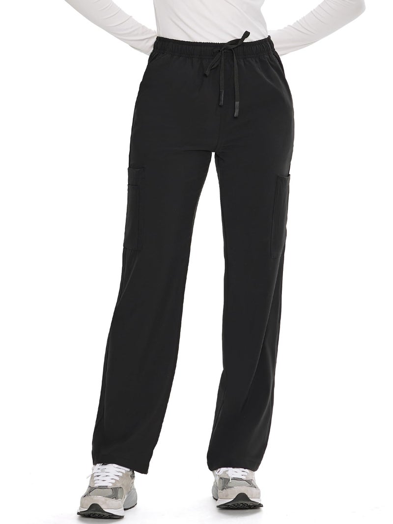 COZYFIT Straight Leg Scrub Pants for Women, Drawstring Soft Stretch, Anti-Wrinkle Women's Scrub Pants with 6 Pockets,Black,XS - Image 1