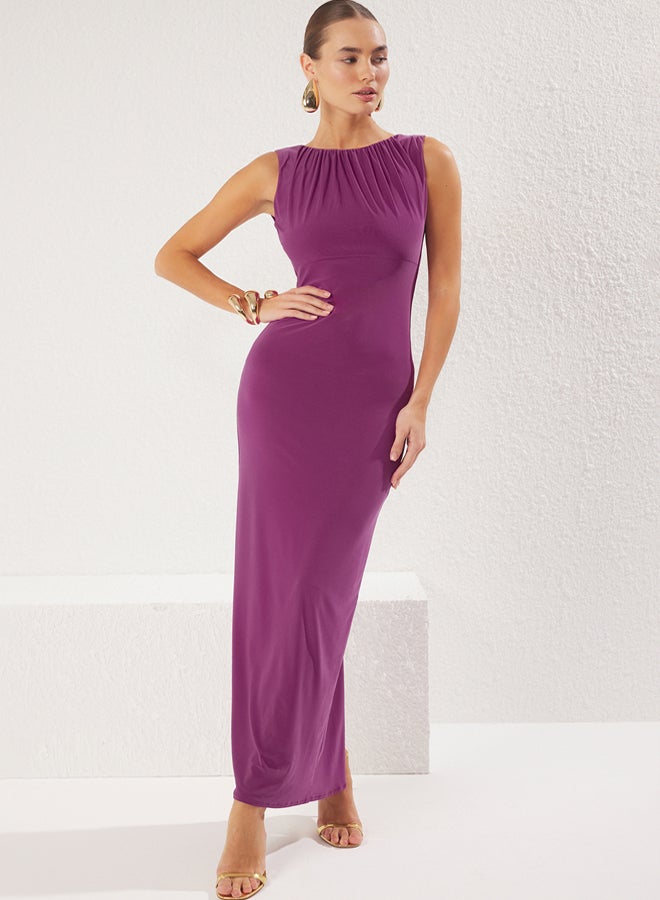 trendyol Plum Gathered Collar Detailed Knitted Long Elegant Evening Night Graduation Dress - Image 1