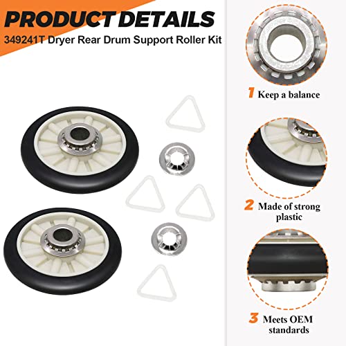 Beaquicy 349241T Dryer Rear Drum Support Roller Kit by Beaquicy - Replacement for most 29" wide Ken-more Whirl-pool Estate Roper Dryer - Package Includes drum rollers,tri-rings and retaining washer - Pack of 2 - Image 2
