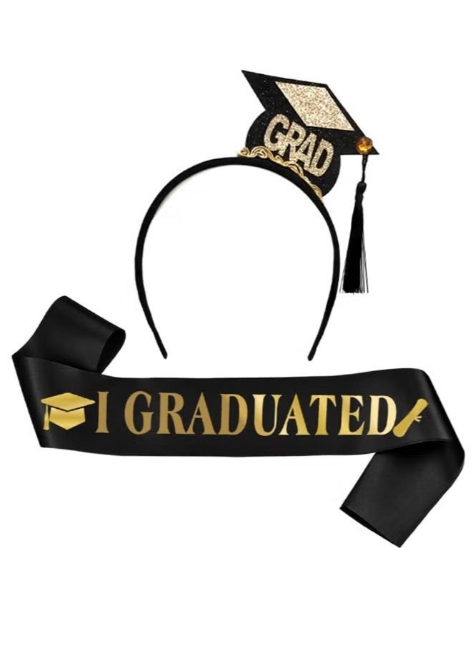 طقم من قطعتين من عصابة رأس التخرج ووشاح، وعصابات رأس صغيرة لحفلات العازبين مع شرابة ذهبية - Image 1