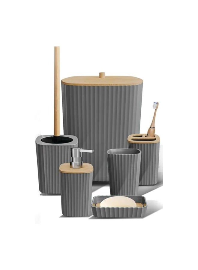 Bathroom Accessories Set, 6 Pieces, Toilet Brush, Soap Dispenser, Toothbrush Holder, Cup, Soap Dish, Trash Can (Gray S) - Image 1