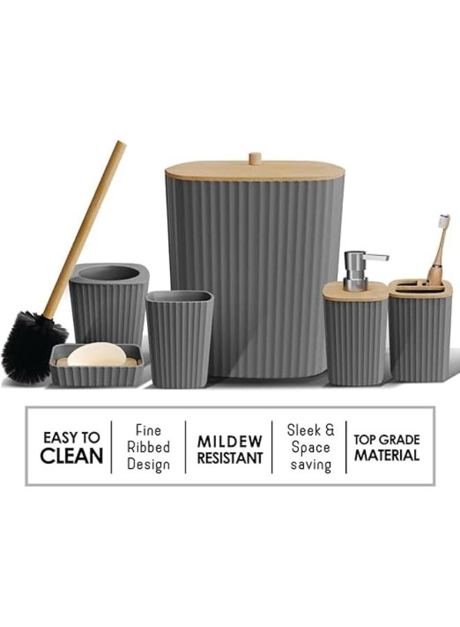 Bathroom Accessories Set, 6 Pieces, Toilet Brush, Soap Dispenser, Toothbrush Holder, Cup, Soap Dish, Trash Can (Gray S) - Image 5