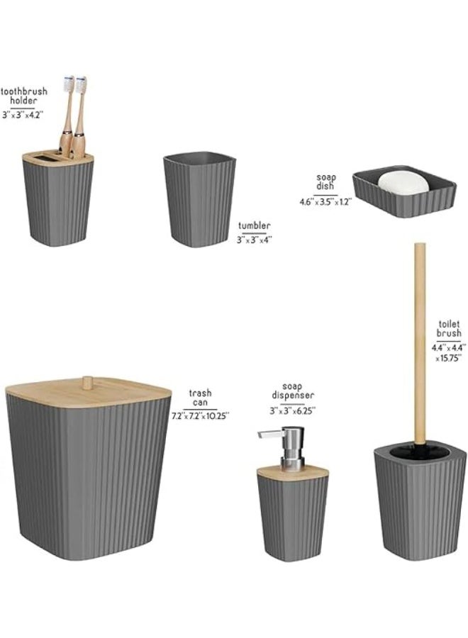 Bathroom Accessories Set, 6 Pieces, Toilet Brush, Soap Dispenser, Toothbrush Holder, Cup, Soap Dish, Trash Can (Gray S) - Image 2