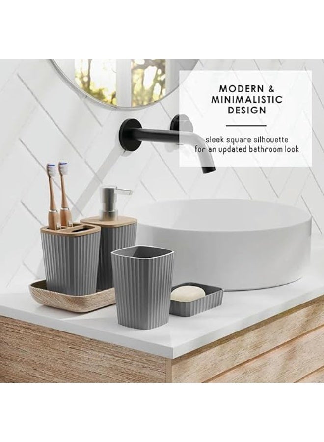 Bathroom Accessories Set, 6 Pieces, Toilet Brush, Soap Dispenser, Toothbrush Holder, Cup, Soap Dish, Trash Can (Gray S) - Image 4