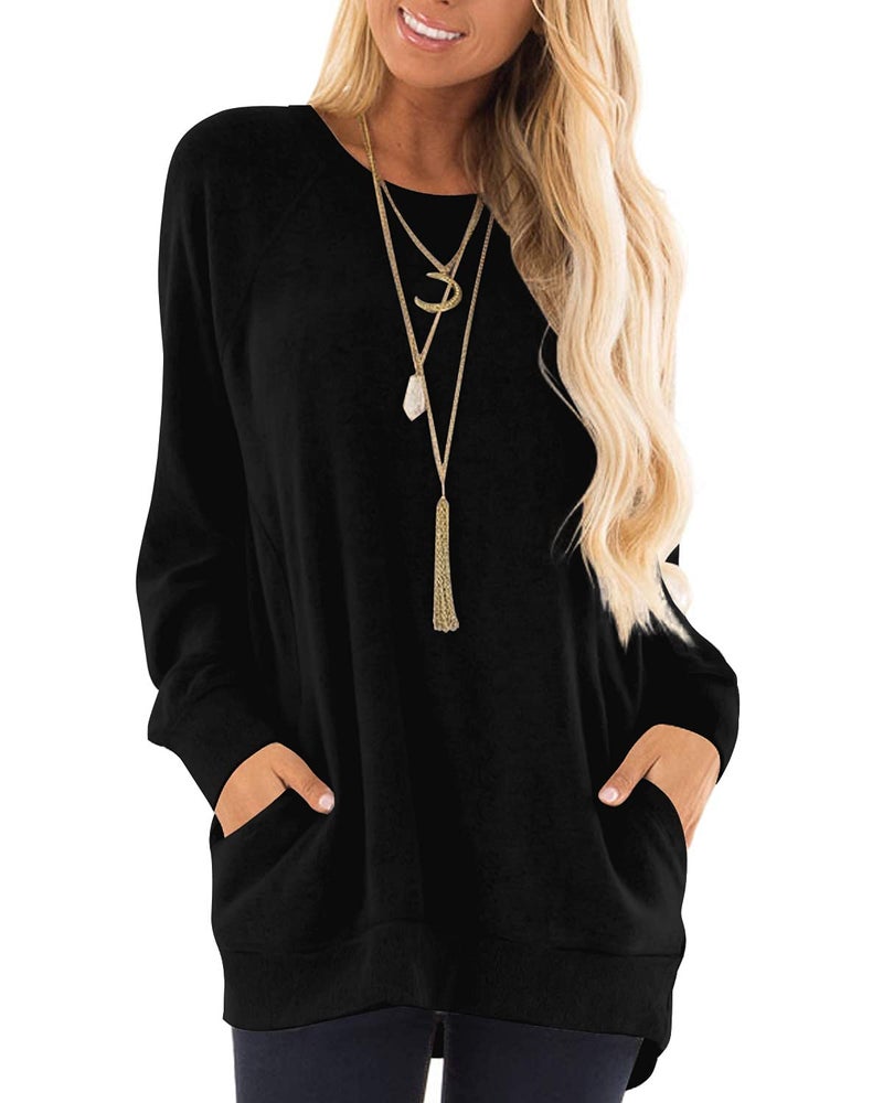 KUOTAI Long Sleeve Shirts for Women Casual Crew Neck Blouses Tunic Tops with PocketBlack XXLarge
