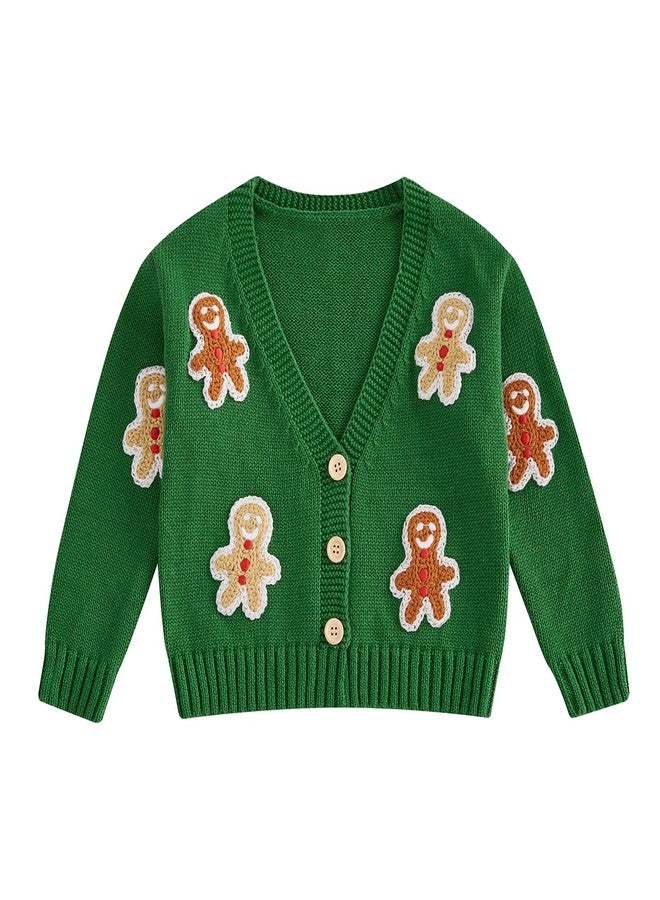 Socutebabe Toddler Baby Girl Christmas Knit Sweater Kids Cardigan Christmas Outfit Gingerbread Warm Sweatshirt Winter Clothes (Green, 4-5 Years) - Image 1