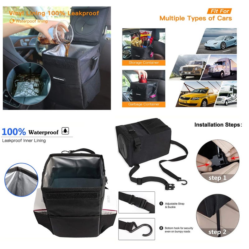 Simple upgraded construction Car Trash can with Lid and Storage Pockets, Car Back seat Waterproof Car Garbage Can, Hanging Automotive Car Garbage Cans Leak Proof Vehicle Multipurpose Trash Bag Bin (Black) Gulf popular simple design - Image 3