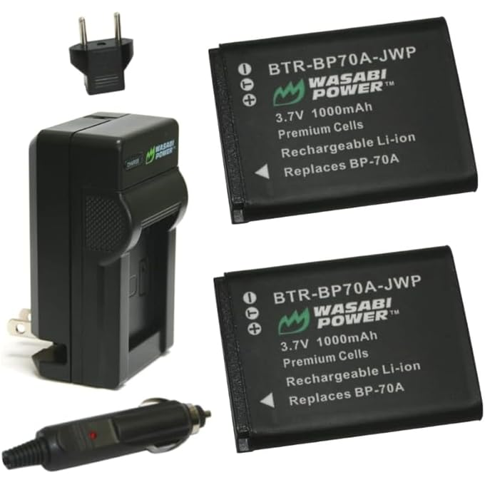 rayihni WASABI POWER BATTERY (2-PACK) AND CHARGER FOR SAMSUNG BP70A, EA-BP70A AND SAMSUNG AQ100, DV150F, ES65, ES67, ES70, ES71, ES73, ES74, ES75, ES80, MV800, PL20, PL80, PL90, PL100, PL101, PL120, PL170, PL - Image 1
