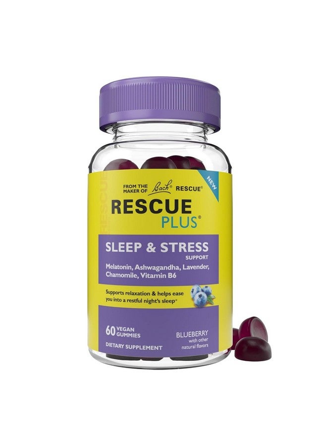 RESCUE Bach RESCUE PLUS Sleep & Stress Support Gummies, Nighttime Dietary Supplement with 1mg Melatonin, Ashwagandha, Chamomile, Lavender & Vitamin B6, Natural Blueberry Flavor, Vegan & Gluten-Free, 60 Count - Image 1