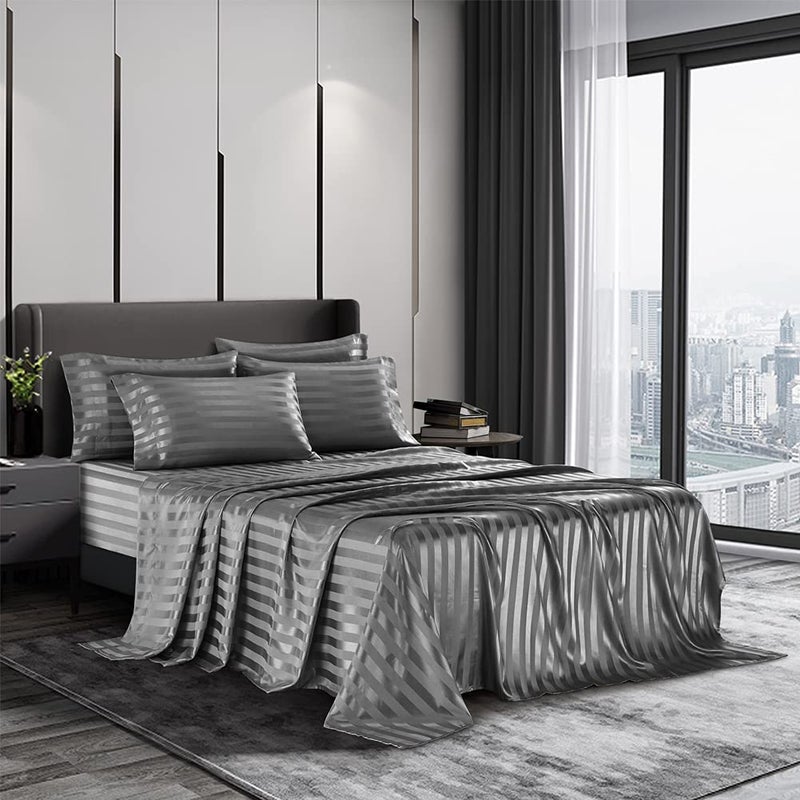 AiMay 6 Piece Satin Italian Style Bed Sheet Set Deep Pocket Stripes 1800 Luxury Rich Silk 1 Flat Sheet 1 Fitted Sheet 4 Envelope Pillowcases Stain-Resistant Wrinkle Free (Queen,Grey) - Image 1