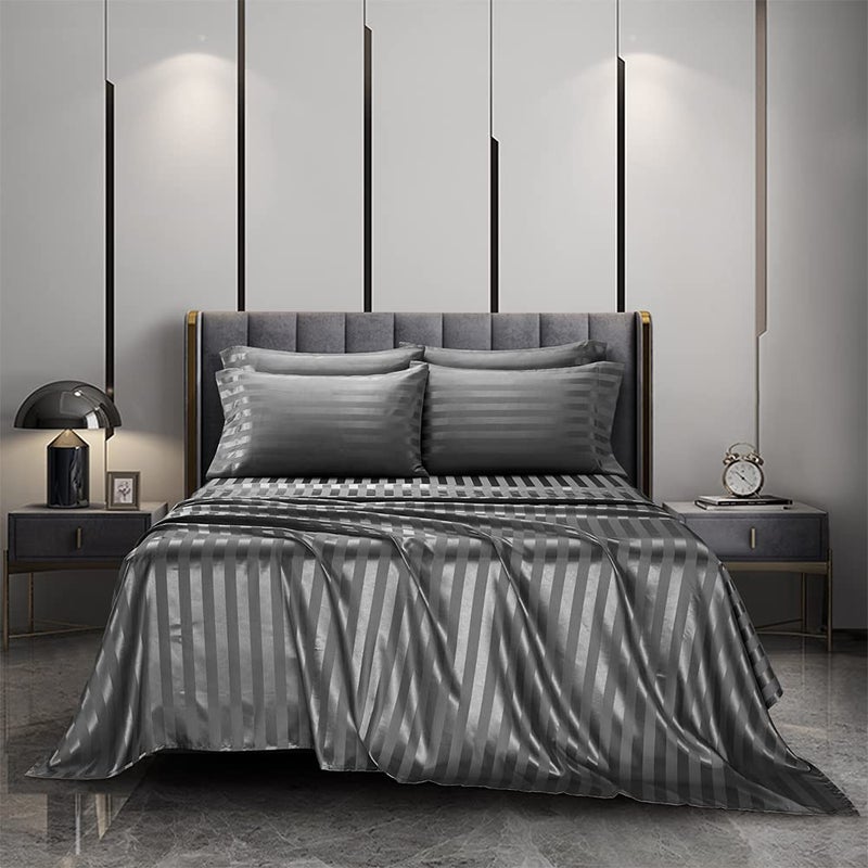 AiMay 6 Piece Satin Italian Style Bed Sheet Set Deep Pocket Stripes 1800 Luxury Rich Silk 1 Flat Sheet 1 Fitted Sheet 4 Envelope Pillowcases Stain-Resistant Wrinkle Free (Queen,Grey) - Image 2