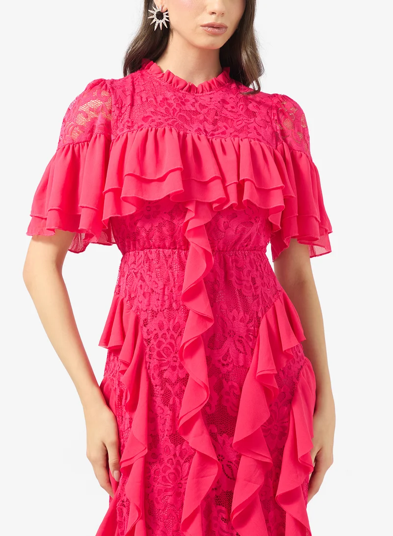 جينجر بوتيك Mock Neck Laser Cut Dress with Waterfall Ruffles