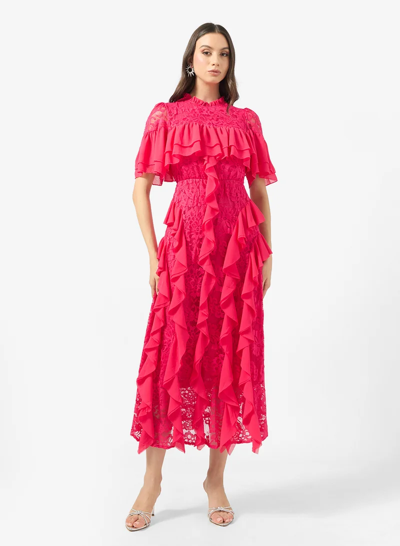 Ginger Boutique Mock Neck Laser Cut Dress with Waterfall Ruffles