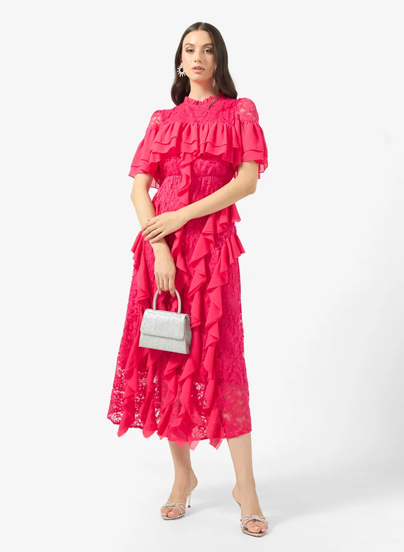 جينجر بوتيك Mock Neck Laser Cut Dress with Waterfall Ruffles