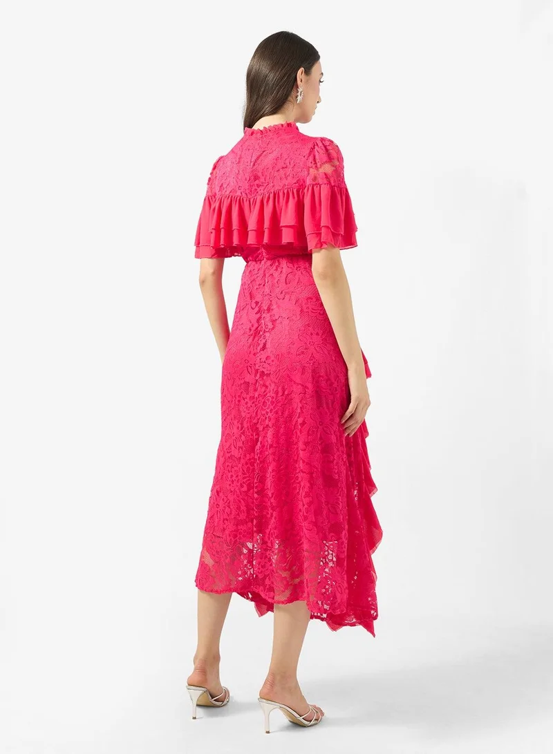 Ginger Boutique Mock Neck Laser Cut Dress with Waterfall Ruffles
