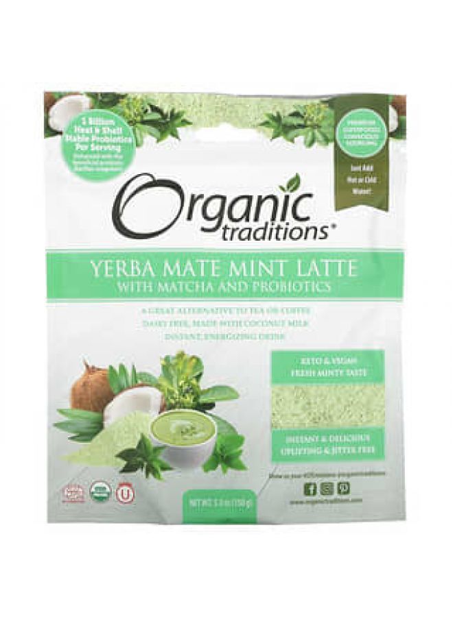 Organic Traditions, Yerba Mate Mint Latte with Matcha and Probiotics, 5.3 oz (150 g) - Image 1