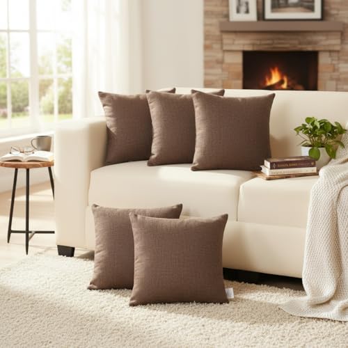STITCHNEST 16x16 Inches Dark Brown Solid Jute Cushion Cover Set of 5 | Durable Textured Pillow Covers for Sofa, Bed & Living Room | Natural Fiber | Modern Minimal Style | Perfect for Home Decor - Image 1