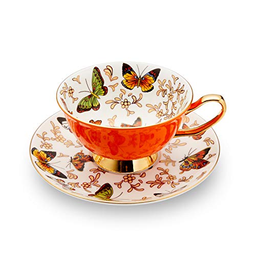 LURRIER Coffee Cup Mug with Saucer for Latte Cappuccino Tea with Butterflies 68 Oz Fine Bone China Dishwasher Safe Reactive Glaze 1 Pcs
