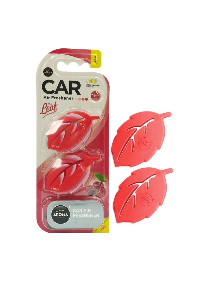 أروما معطر جو أروما كار ميني ليف برائحة الكرز، 2×4.5 غرام - معطر هواء قوي يدوم طويلاً لفتحات التهوية في السيارة، برائحة الكرز الطبيعية، مشبك عطري مانع للانسكاب، تصميم صغير على شكل ورقة لفتحات تكييف الهواء، مزيل للروائح من داخل السيارة ولوحة القيادة والقيادة اليومية - Image 1