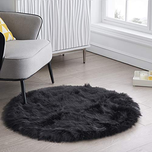 Ciicool Round Fur Fluffy Area Rug for BedroomRound Fur Fluffy Area Rug for Bedroom, Black Faux Fur Rugs Furry Circle Rug - Image 1