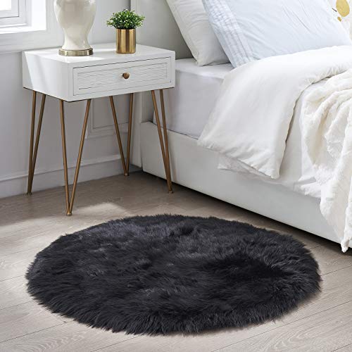 Ciicool Round Fur Fluffy Area Rug for BedroomRound Fur Fluffy Area Rug for Bedroom, Black Faux Fur Rugs Furry Circle Rug - Image 2